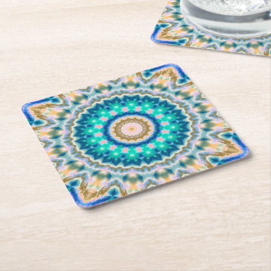 Turquoise yellow mandala kartonnen onderzetters (Schuin)