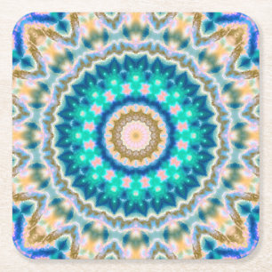 Turquoise yellow mandala kartonnen onderzetters