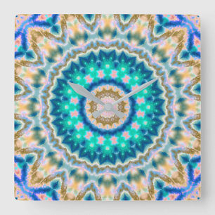 Turquoise yellow mandala vierkante klok