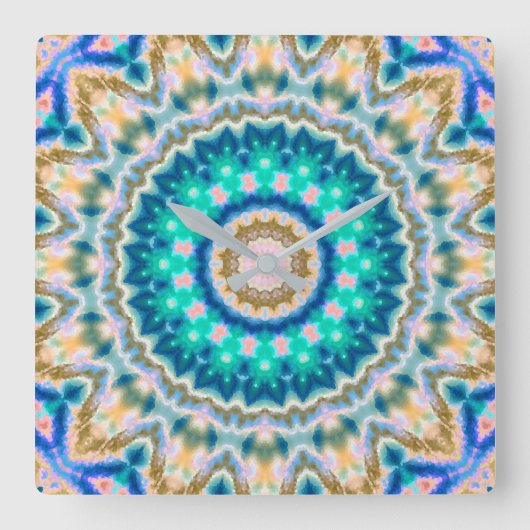 Turquoise yellow mandala vierkante klok (Voorkant)