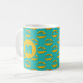 Turquoise & Yellow XOXO Kissing Lips Personalized Koffiemok (Voorkant links)