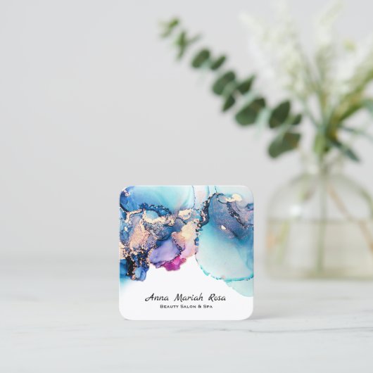 *~* Turquoise Yummy Abstract AP29 Blauwgroen Gold  Vierkante Visitekaartje (Staand voorkant)