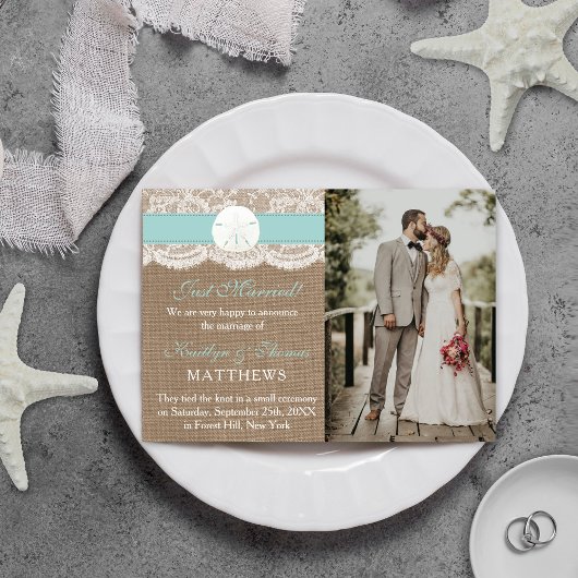 Turquoise Zand Dollar Strand Huwelijk Foto Huwelij Aankondiging