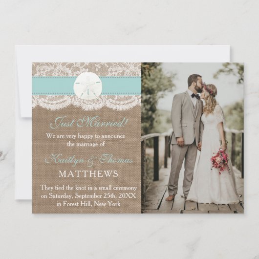 Turquoise Zand Dollar Strand Huwelijk Foto Huwelij Aankondiging (Voorkant)