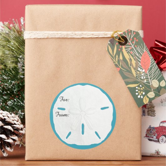 Turquoise Zanddollar Cadeaubijslab Sticker Kerstmi (Feestdagen)