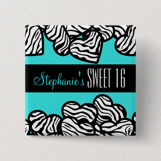 Turquoise zebra hart Sweet 16 Verjaardag Button (Voorkant)