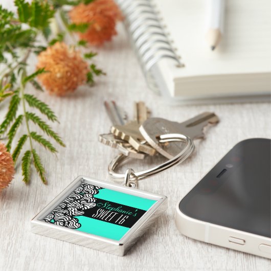 Turquoise zebra hart Sweet 16 Verjaardag Sleutelha Sleutelhanger (Zijkant)