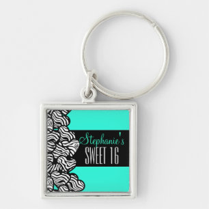 Turquoise zebra hart Sweet 16 Verjaardag Sleutelha Sleutelhanger