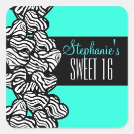 Turquoise zebra hart Sweet 16 verjaardagssticker Vierkante Sticker