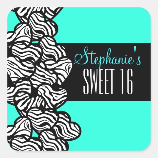 Turquoise zebra hart Sweet 16 verjaardagssticker Vierkante Sticker (Voorkant)