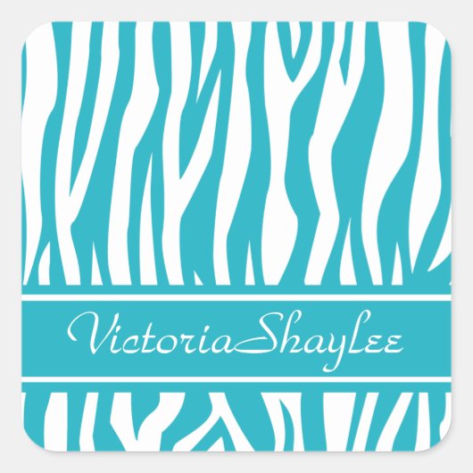 Turquoise Zebra Print met aangepaste tekst Vierkante Sticker (Voorkant)