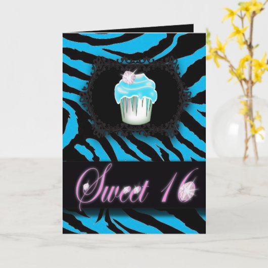 Turquoise Zebra print Sweet 16 Kaart (Gele Bloem)