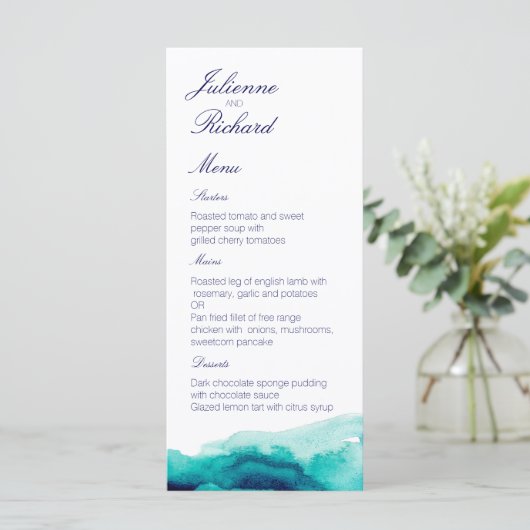 Turquoise Zee Blauwgroen Waterverf Bruiloft Menu (Staand voorkant)