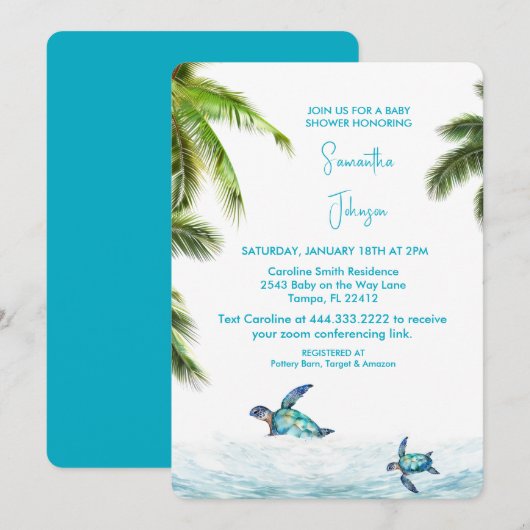 Turquoise Zee Turtle Tropical Baby shower Kaart (Voorkant / Achterkant)