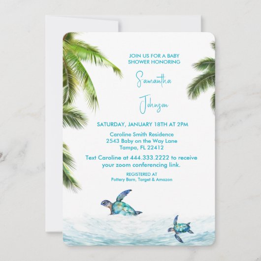 Turquoise Zee Turtle Tropical Baby shower Kaart (Voorkant)