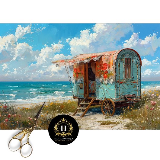 Turquoise Zeekleurige Zigeunerwagen Decoupage Tissuepapier