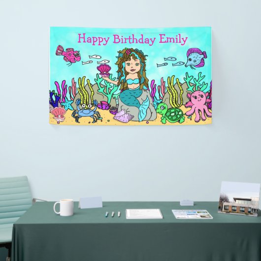 Turquoise Zeemeermin Onder het Zee Verjaardagsbann Spandoek (Beurs)