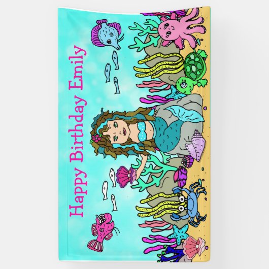 Turquoise Zeemeermin Onder het Zee Verjaardagsbann Spandoek (Verticaal)