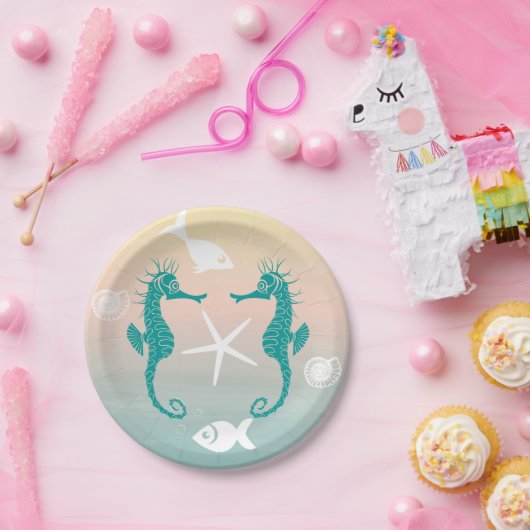 Turquoise Zeepaard Blauw Roze Zonsondergang Strand Papieren Bordje (Feest)
