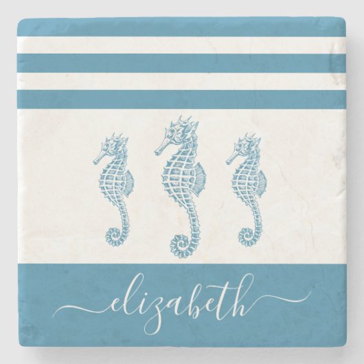  turquoise zeepaardje beach house scriptnaam stenen onderzetter (Voorkant)