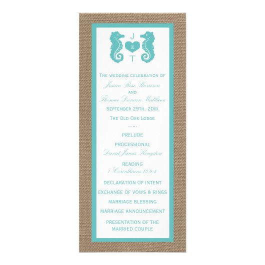 Turquoise zeepaardje Burlap Beach Wedding Programm Reclamekaart (Voorkant)