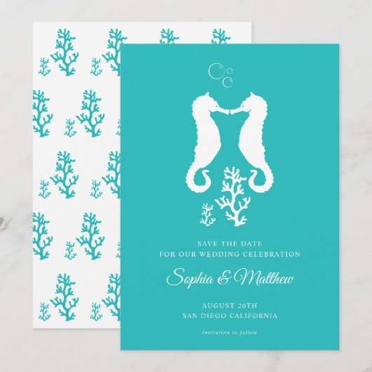 Turquoise zeepaardje Tropisch strand Save The Date (Voorkant / Achterkant)