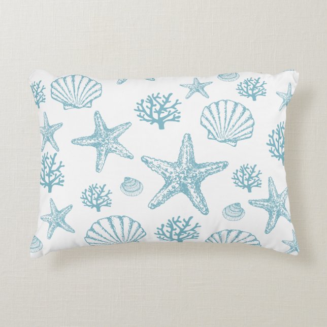Turquoise Zeeschelp Zeester Strand Patroon Accent Kussen (Voorkant)