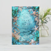 Turquoise Zeester Zeehuwelijk Save The Date (Staand voorkant)