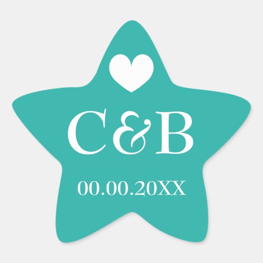 Turquoise zeesterren monogram bruiloft gunst stick ster sticker (Voorkant)