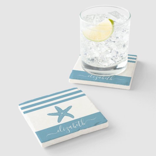 Turquoise zeesterren strand huis script naam  stenen onderzetter (Zijkant)