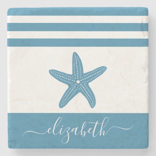 Turquoise zeesterren strand huis script naam  stenen onderzetter (Voorkant)
