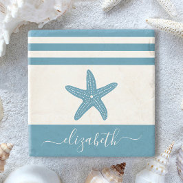 Turquoise zeesterren strand huis script naam  stenen onderzetter