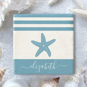Turquoise zeesterren strand huis script naam  stenen onderzetter