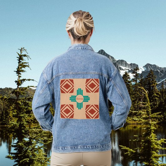 Turquoise Zia Tribal Brown Tan Denim Jacket