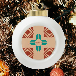 Turquoise Zia Tribal Brown Tan Keramische Bal Ornament