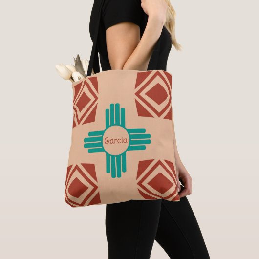 Turquoise Zia Tribal Brown Tan Tote Bag (Dichtbij)