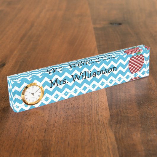 Turquoise Zigzag Apple Teacher naamplaat Naambordje (Zijkant)