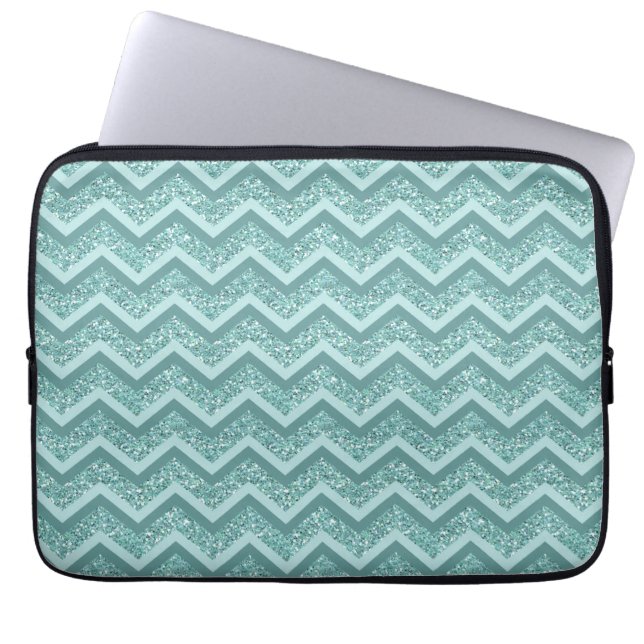 turquoise zigzagpatroon met glitter laptop sleeve (Voorkant)