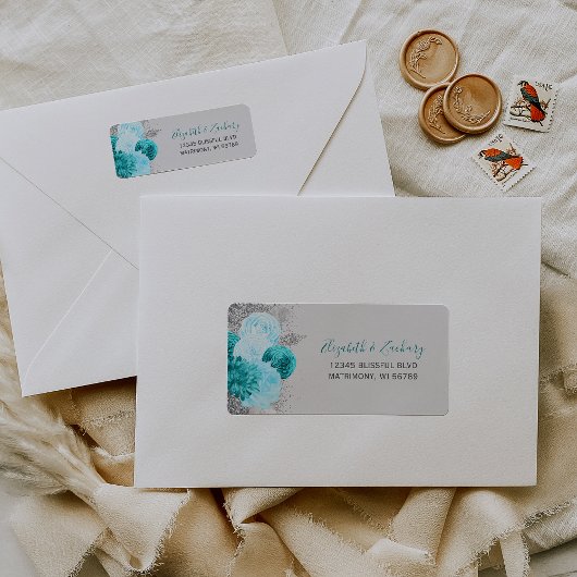 Turquoise Zilver Bloemen Bruiloft Retouradres Etiket