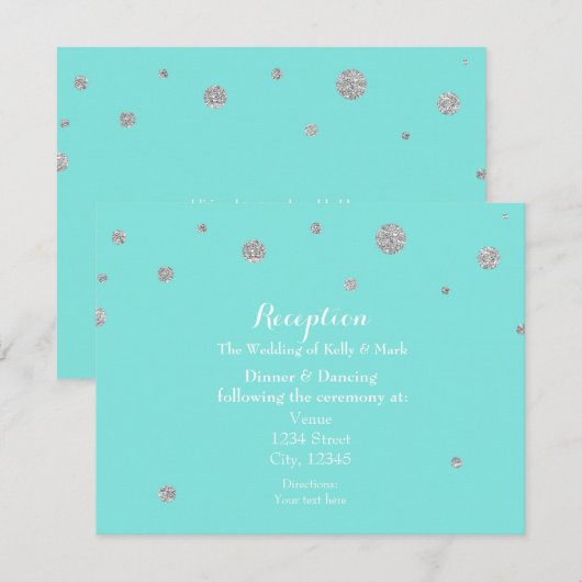 Turquoise & Zilver Glitter Confetti Ontvangst Informatiekaartje (Voorkant / Achterkant)