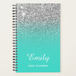 Turquoise Zilver Glitter Ombre Gepersonaliseerd Planner