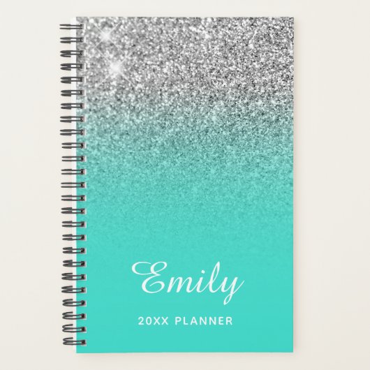 Turquoise Zilver Glitter Ombre Gepersonaliseerd Planner (Voorkant)
