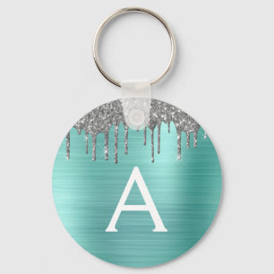 Turquoise Zilver Glitter Rvs Monogram Sleutelhanger