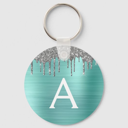 Turquoise Zilver Glitter Rvs Monogram Sleutelhanger (Voorkant)
