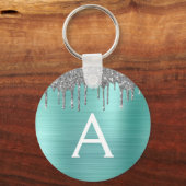 Turquoise Zilver Glitter Rvs Monogram Sleutelhanger (Voorkant)