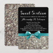 Turquoise Zilver Glitter Sweet 16 Feest Uitnodigin Kaart (Voorkant / Achterkant)
