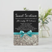 Turquoise Zilver Glitter Sweet 16 Feest Uitnodigin Kaart (Staand voorkant)