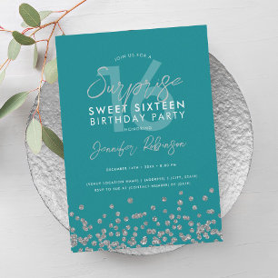 Turquoise Zilver Glitter Verrassing Sweet 16  Kaart