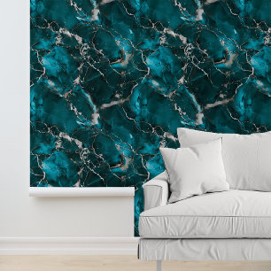 Turquoise Zilver Metaalglans Marmer Look Behang