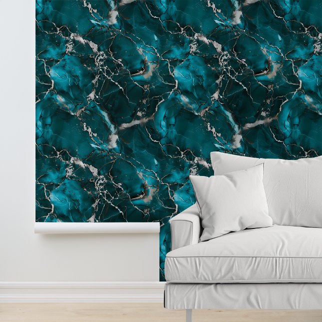 Turquoise Zilver Metaalglans Marmer Look Behang (Creator heeft geüpload)
